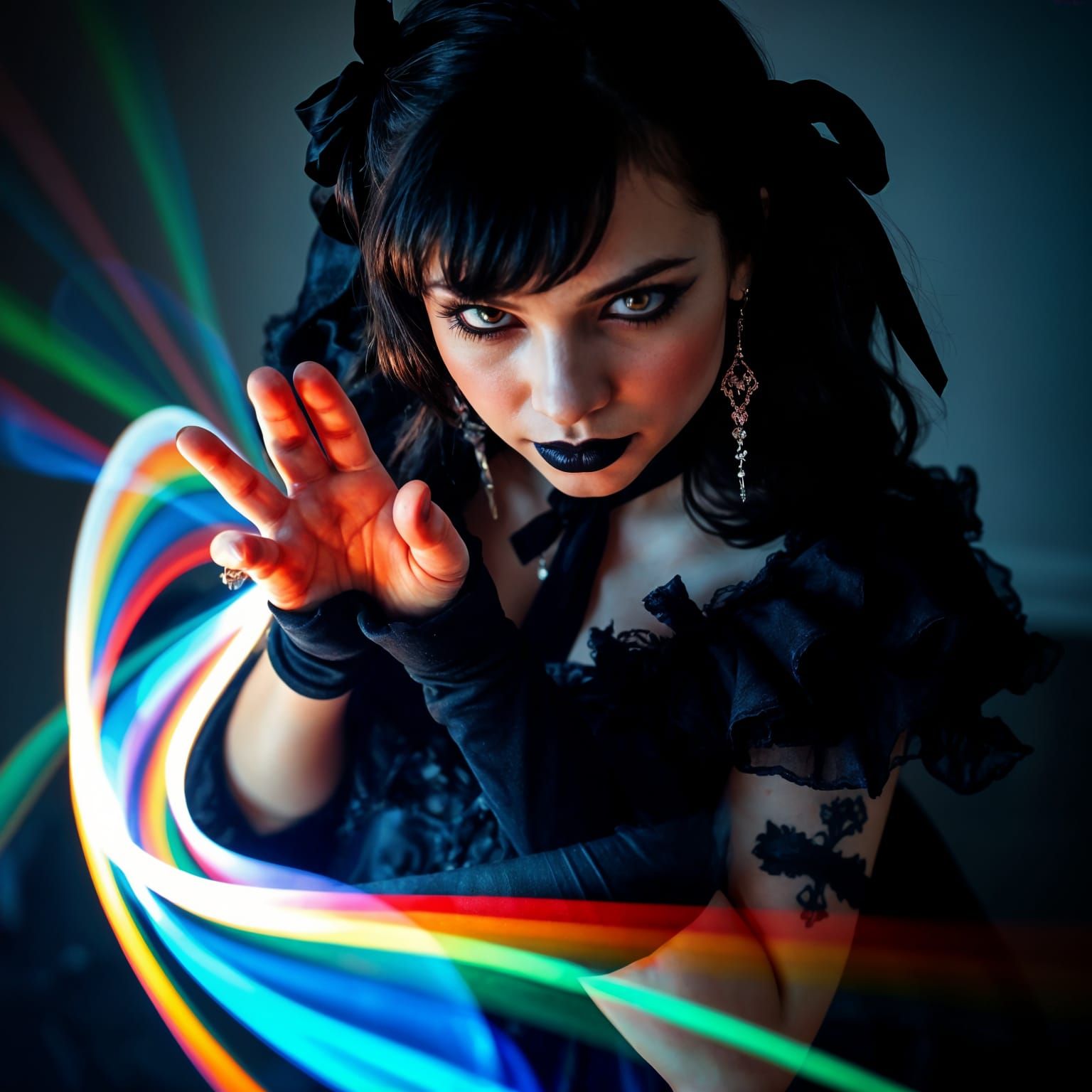 Goth Sorceress Plays With Rainbow Light