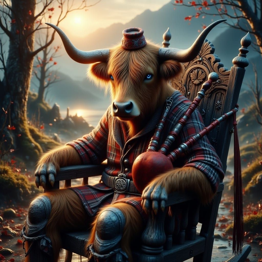 Regal Highland Cow Plays Bagpipes in Rustic Scottish Setting