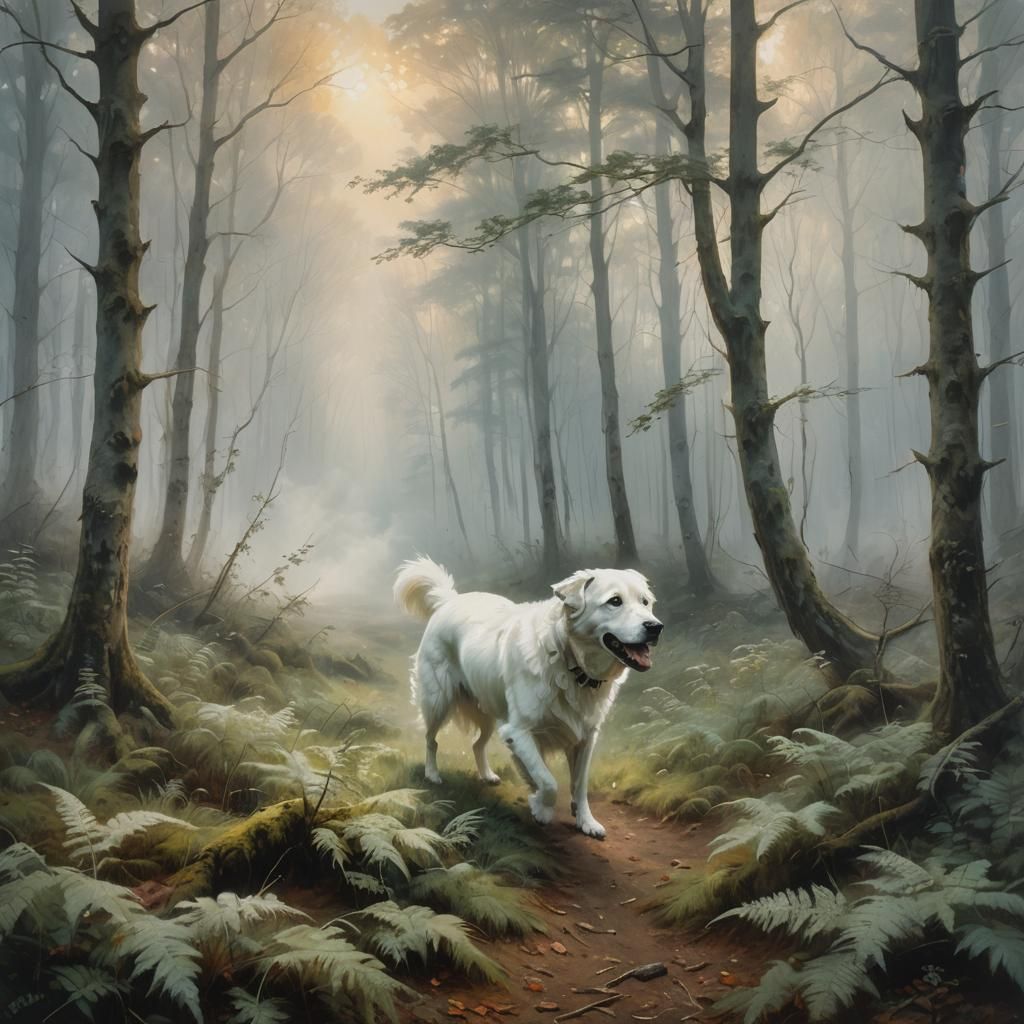Ethereal Ghost Dog in Fogscape Painting