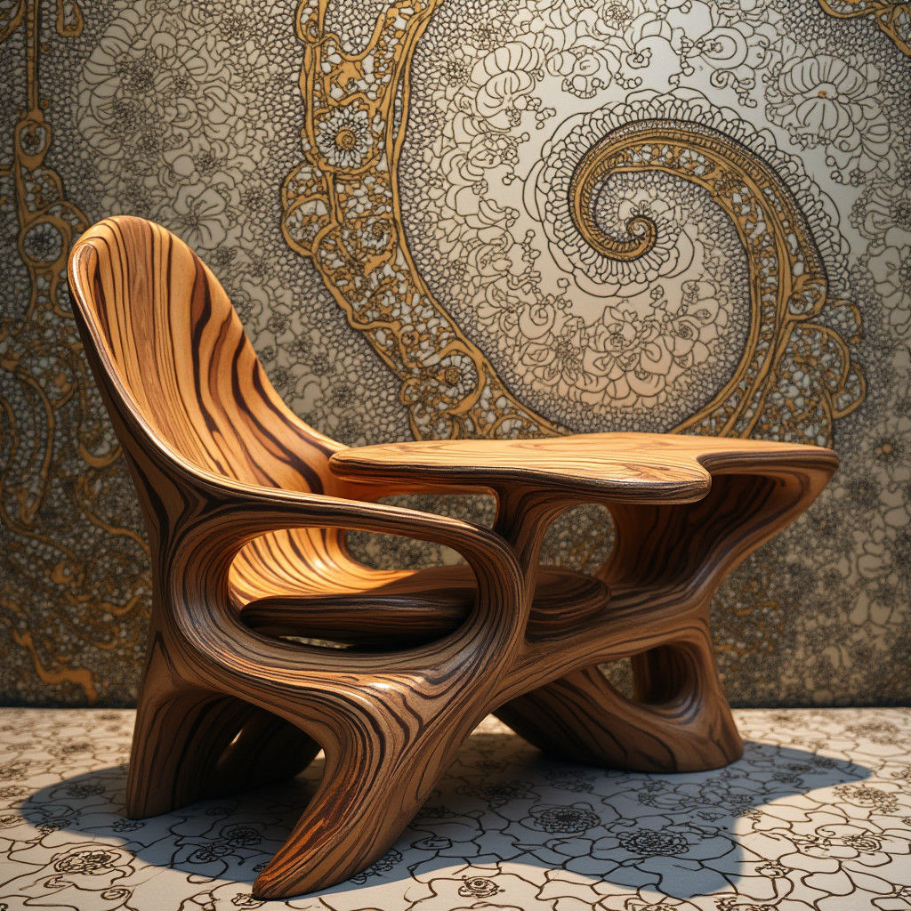 Intricate Wooden Furniture with Abstract Fractal Background