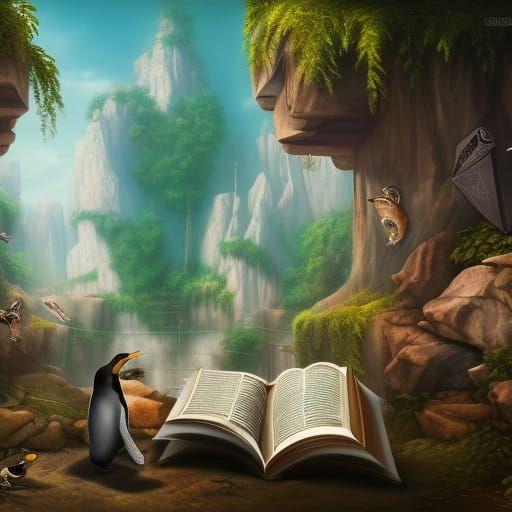 Fantastical Penguin in a Whimsical Zoo Library