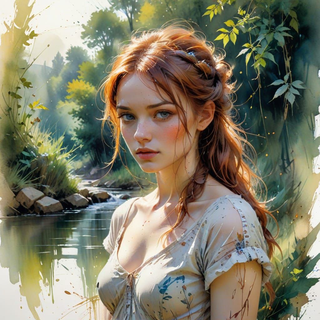 Rural Watermill at Golden Hour in Impressionist Watercolour