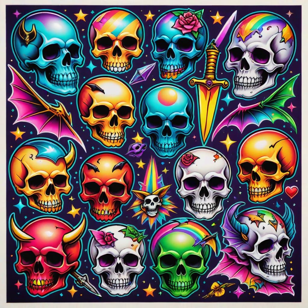 Vintage Tattoo Sheet in Lisa Frank Style