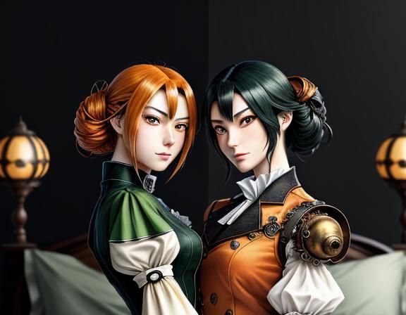 Twin Sisters Kissing in Steampunk Manga Style