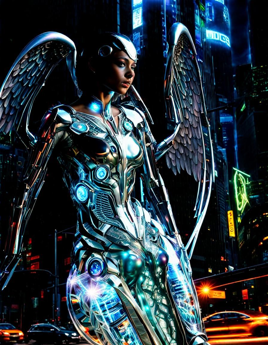Holographic Cyborg Angel in Urban Setting