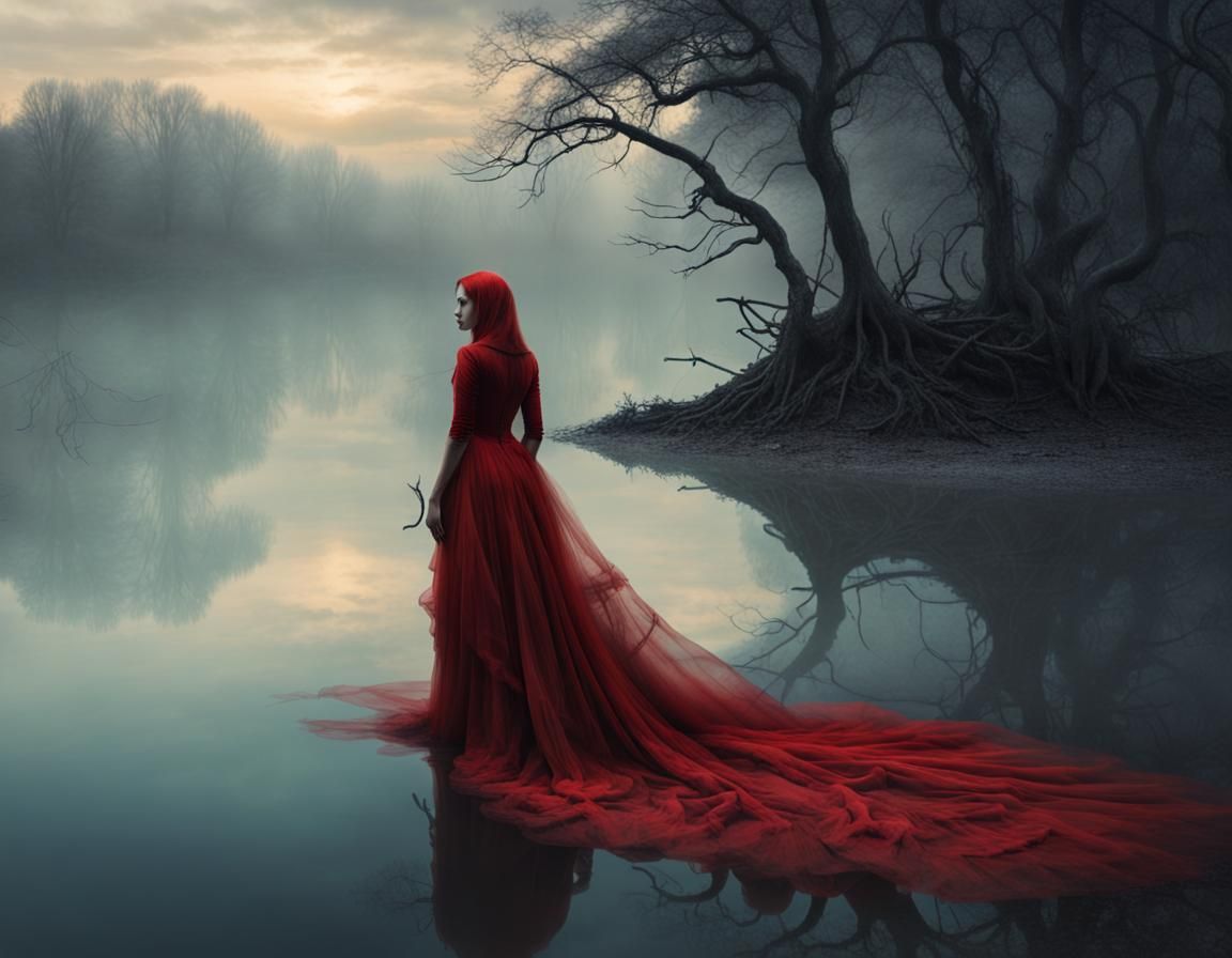 Surreal Woman in Red on Misty Lake