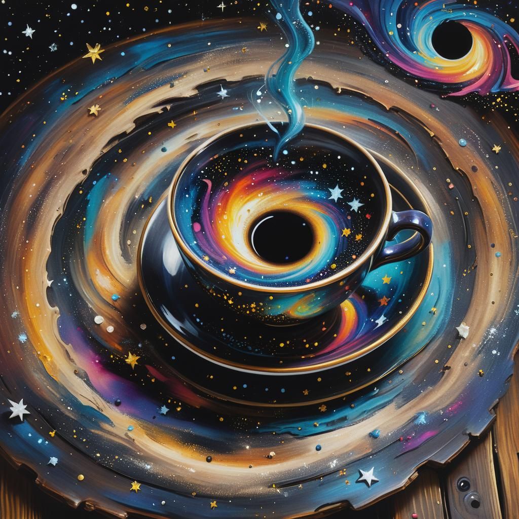 Cosmic Teacup Black Hole in Surreal Oil Painting