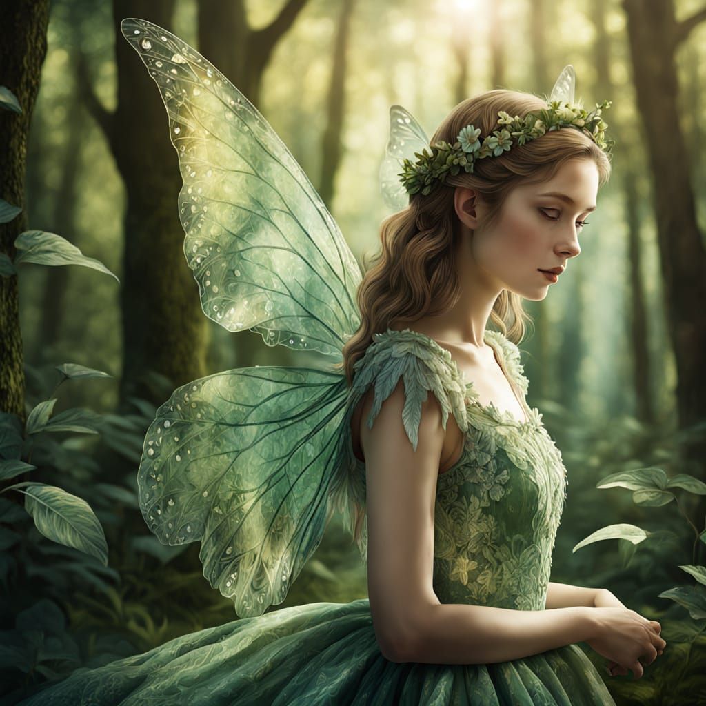 Whimsical Fairy in Lush Forest Landscape Art