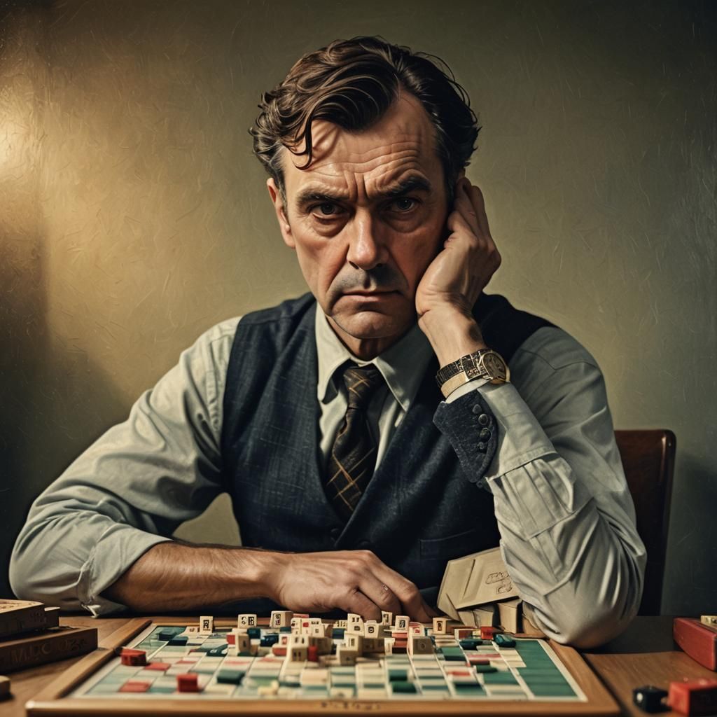 Serious Scrabble Player Portrait in Film Noir Style