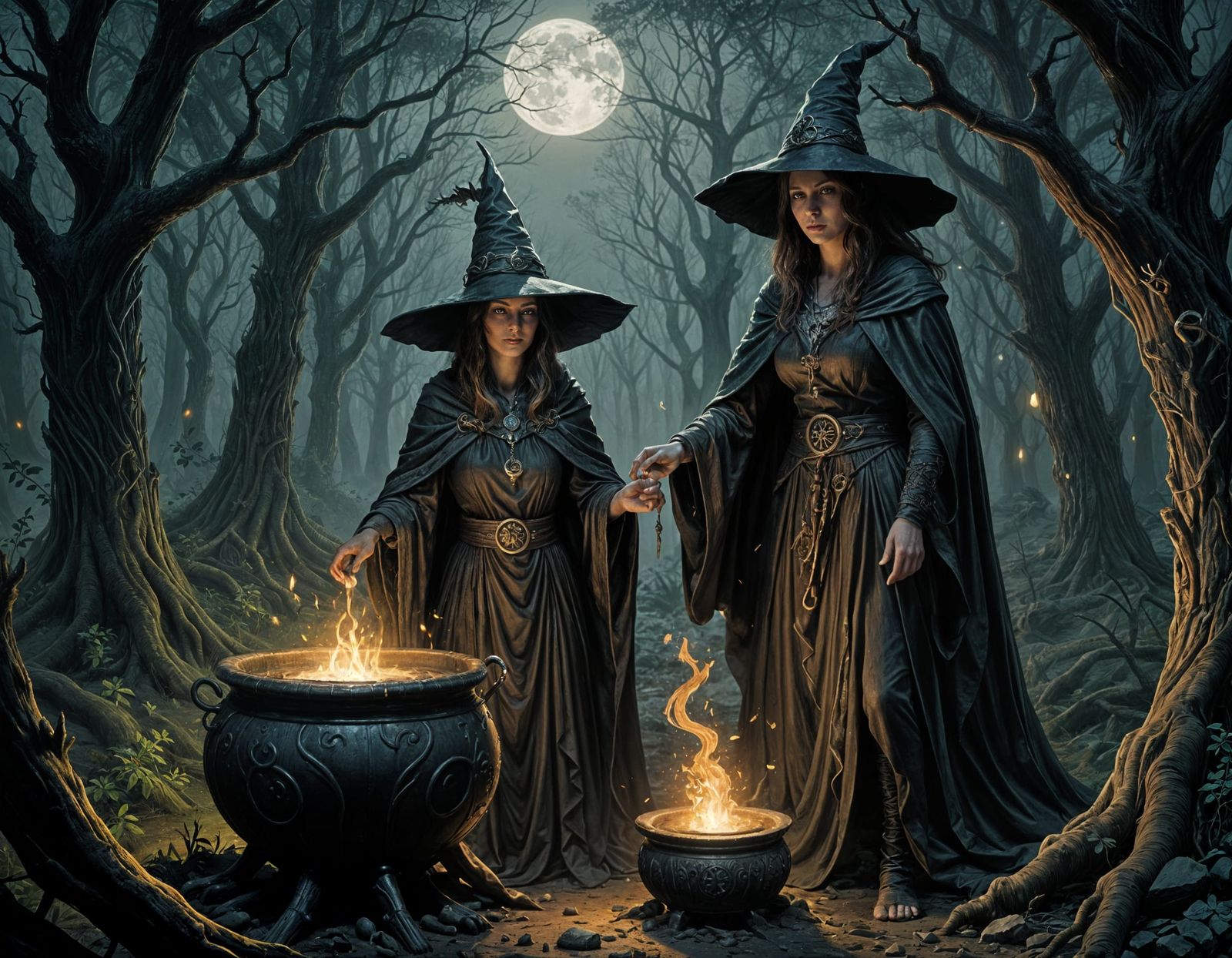Witch Stirring Cauldron in Ancient Forest Clearing