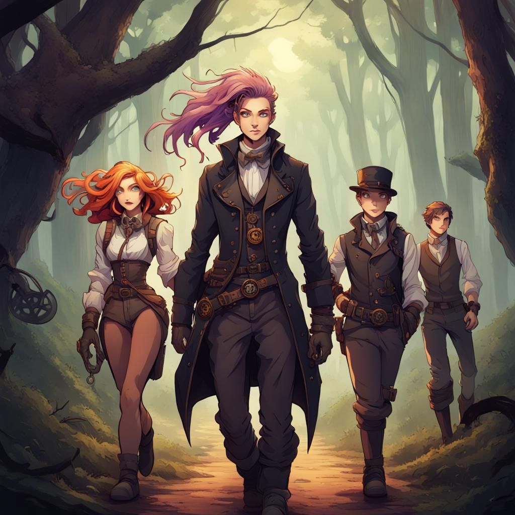 Steampunk Adventurers in Dark Forest Expedition