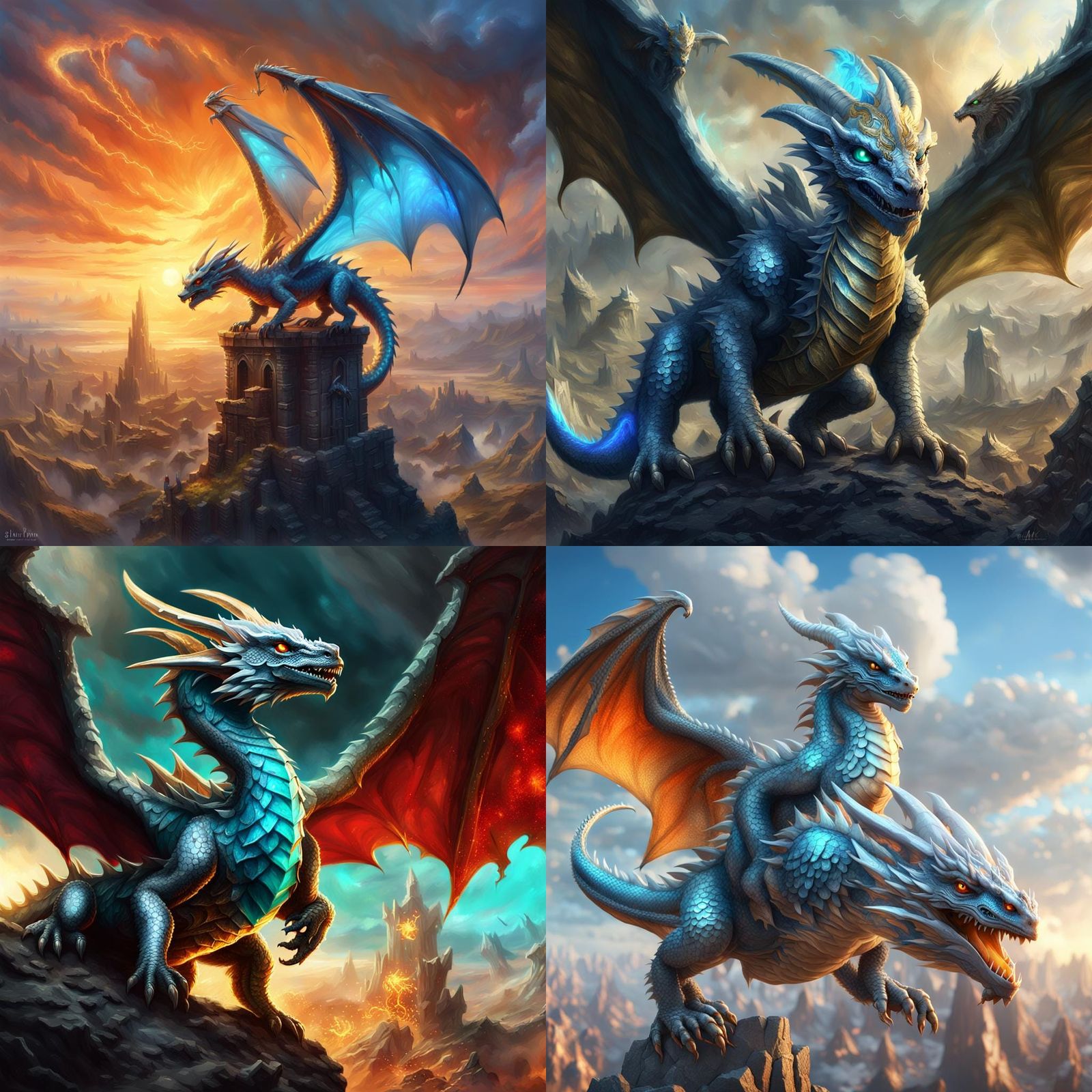 Silver Dragon Wyrmling Over Battlefield, Detailed Matte Pain...