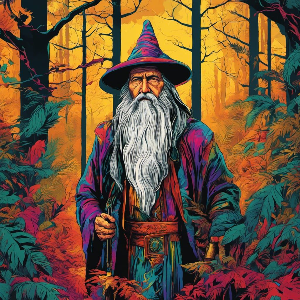 Old Mage in Forest, Pop Art Style