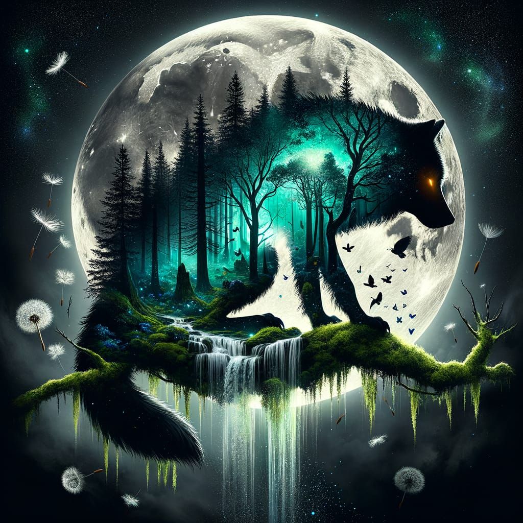 Surreal Wolf Silhouette in Enchanted Forest