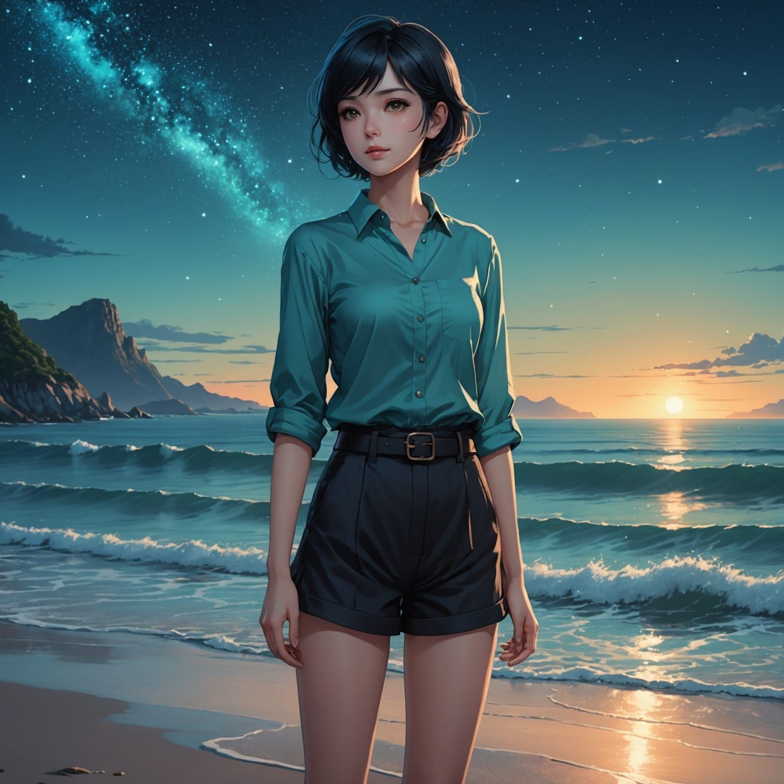Anime Woman at Sunset by the Sea
