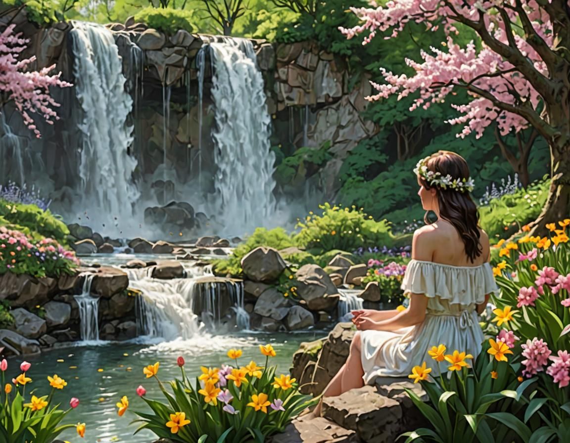 Girl Bathing in Spring Waterfall