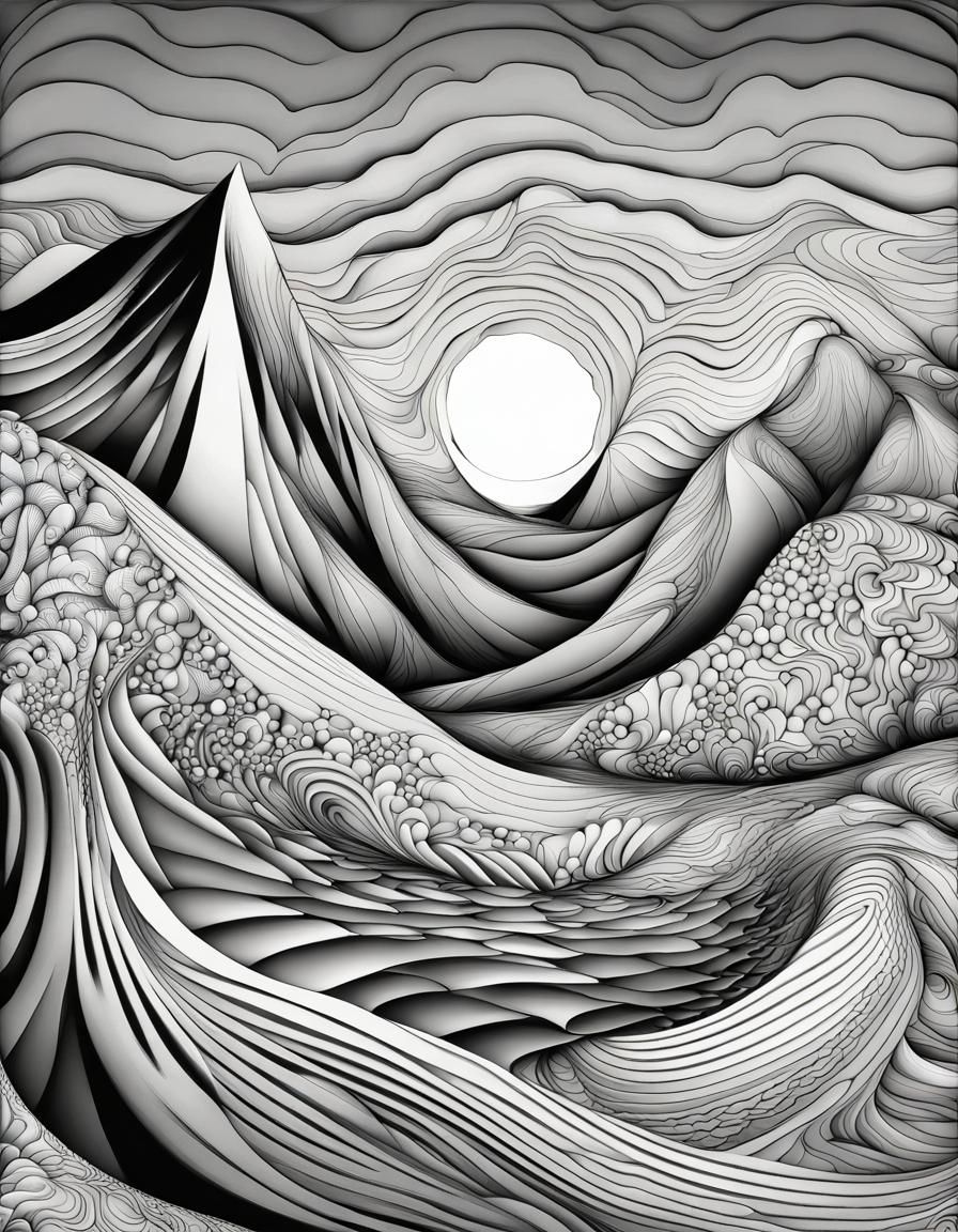 Abstract Vector Fractal with Mountains and Sun