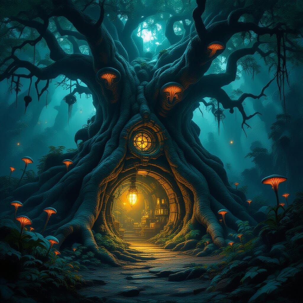 Ancient Tree Secret Lab with Bioluminescent Fungi