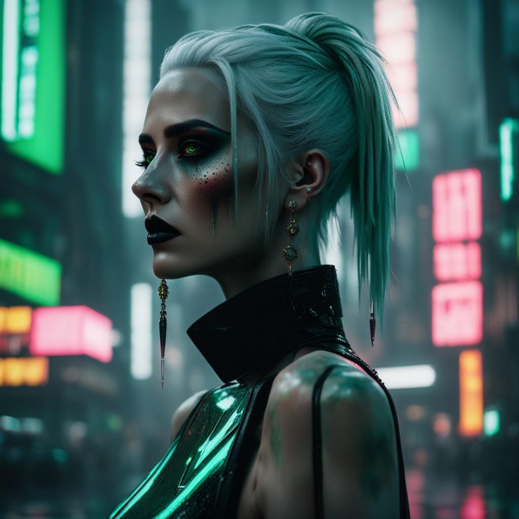 Cyberpunk Woman with Crystal Skin in Dystopian City