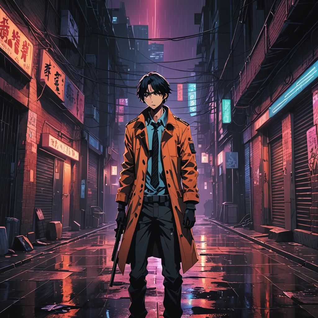 Anime Killer in Rainy Alley: Cel-Shaded Style