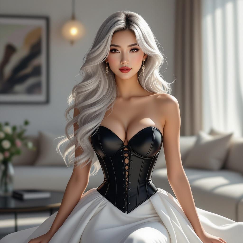 Elegant Asian-Caucasian Woman in Modern Room