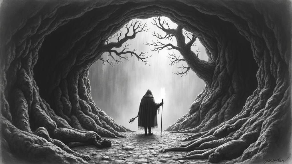 Mystical Forest Charcoal Drawing with Cave Entrance