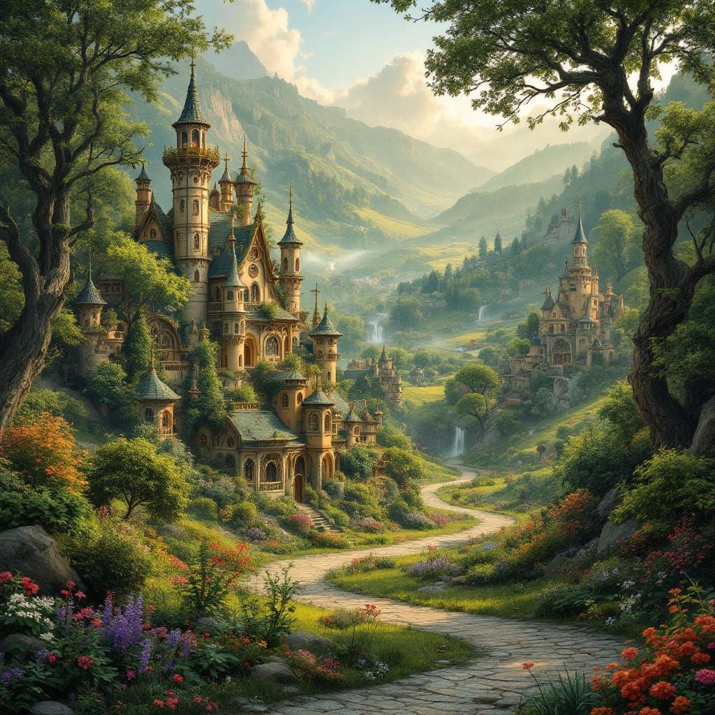 Whimsical Art Nouveau Village in a Dreamlike Landscape