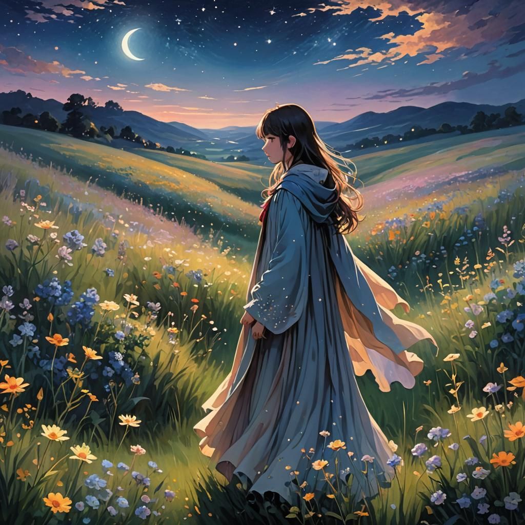 Anime Girl in Moonlit Field with Impressionist Hues