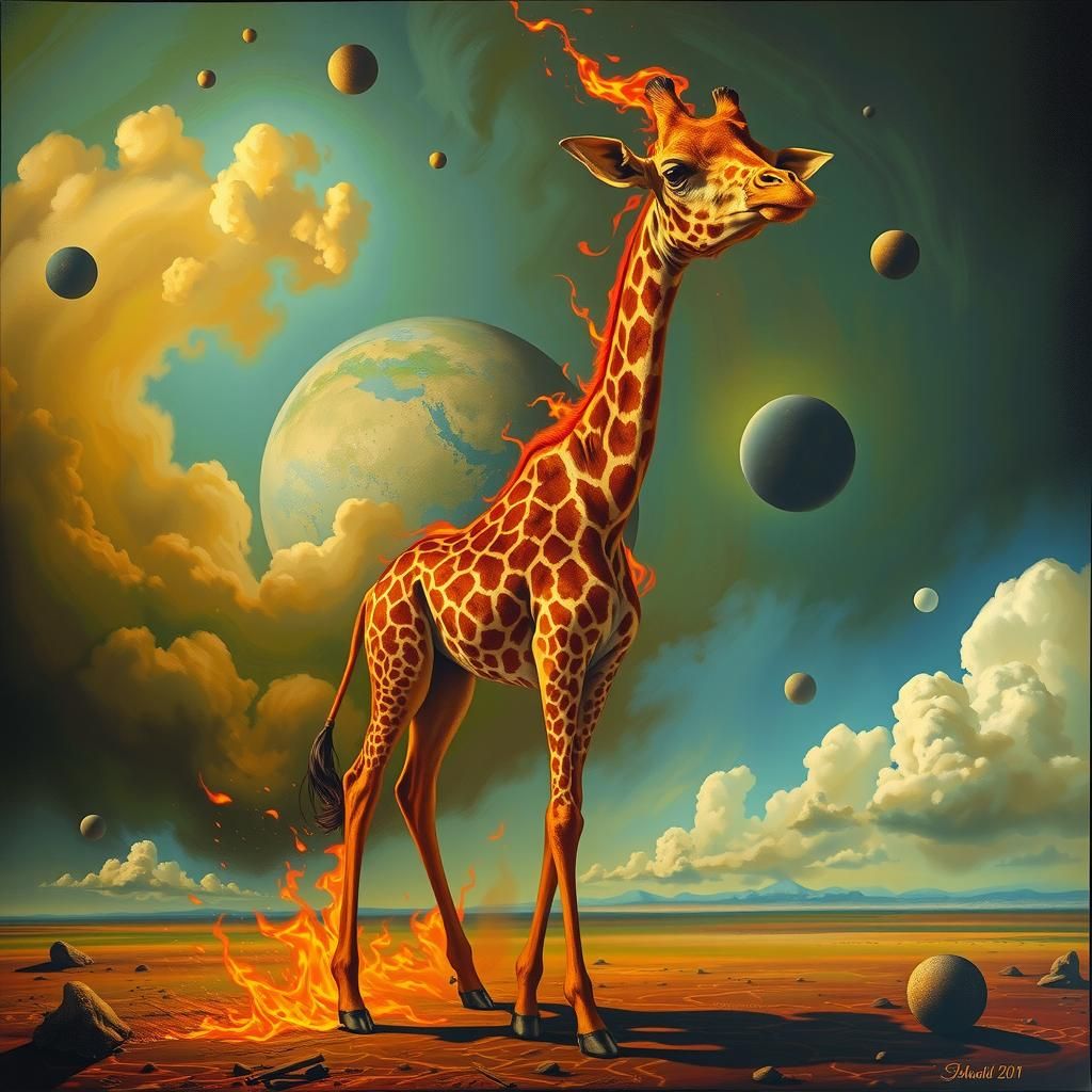Surreal Burning Giraffe in Maximalist Style
