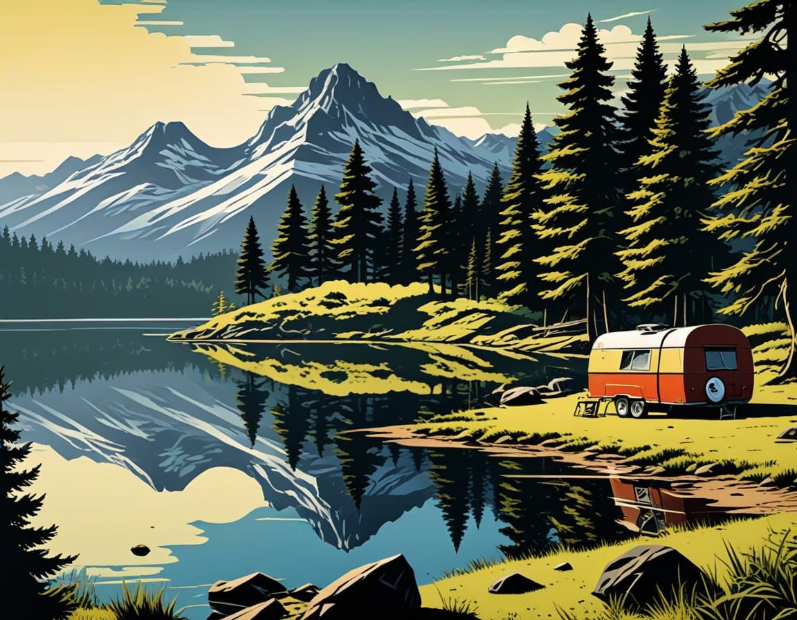 Retro Comic Book Camping by the Lake
