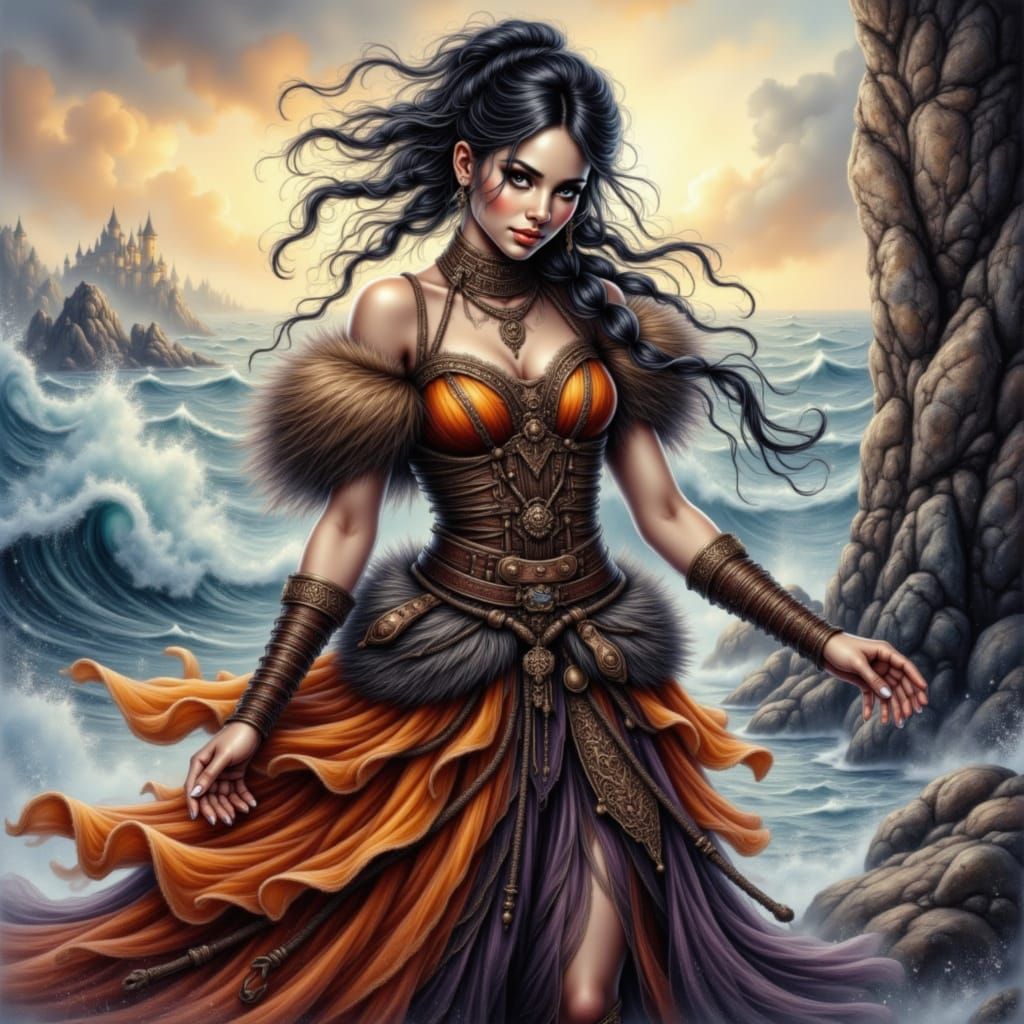 Gothic Warrior Goddess in Viking Dress with Celtic Knots and...