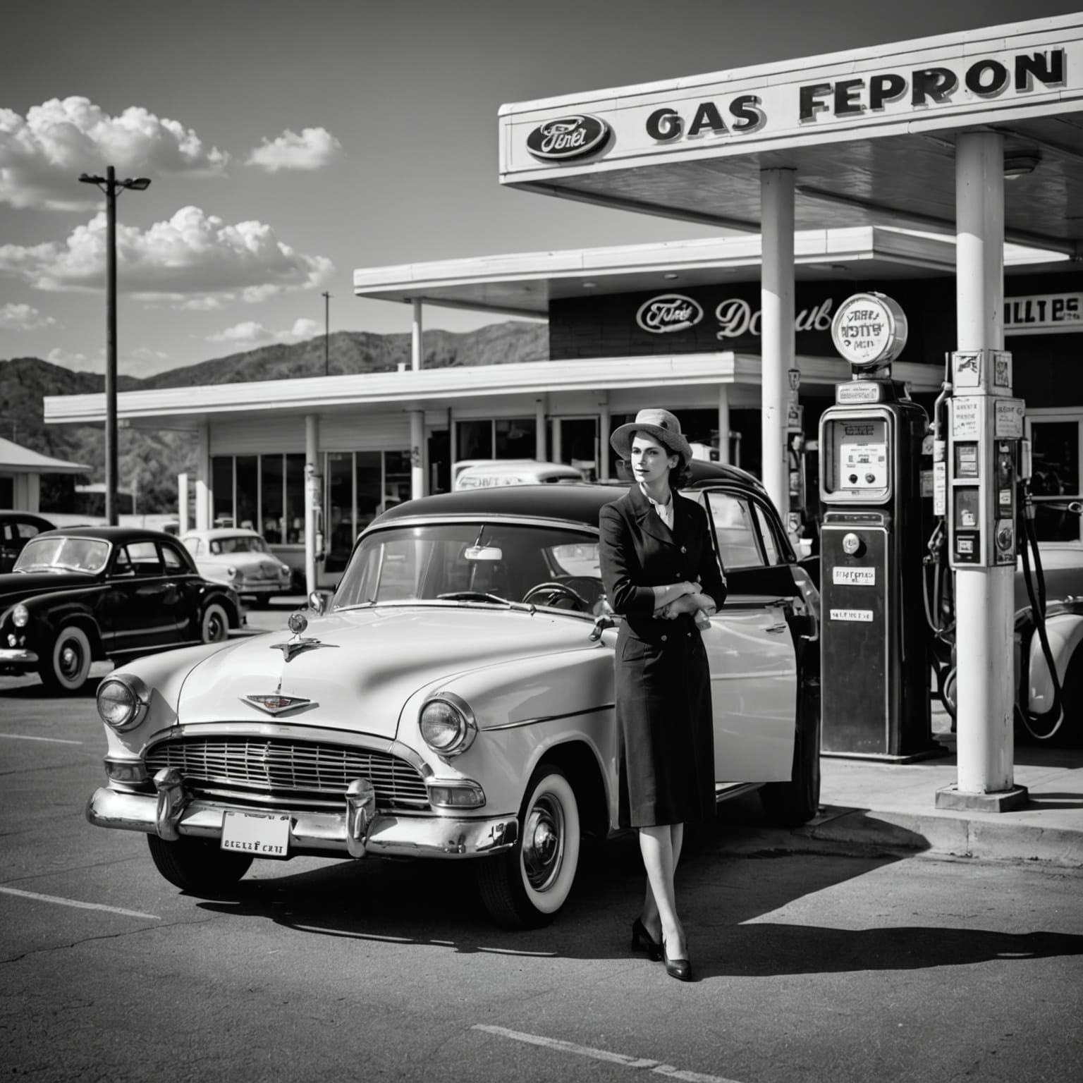 Vintage Woman at Gas Station in a Classic Car