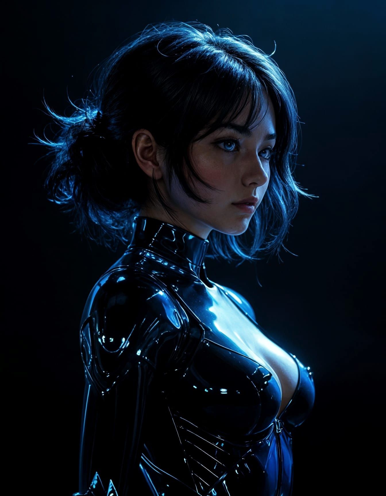 Enigmatic Anime Goddess in Deep Blue Haze