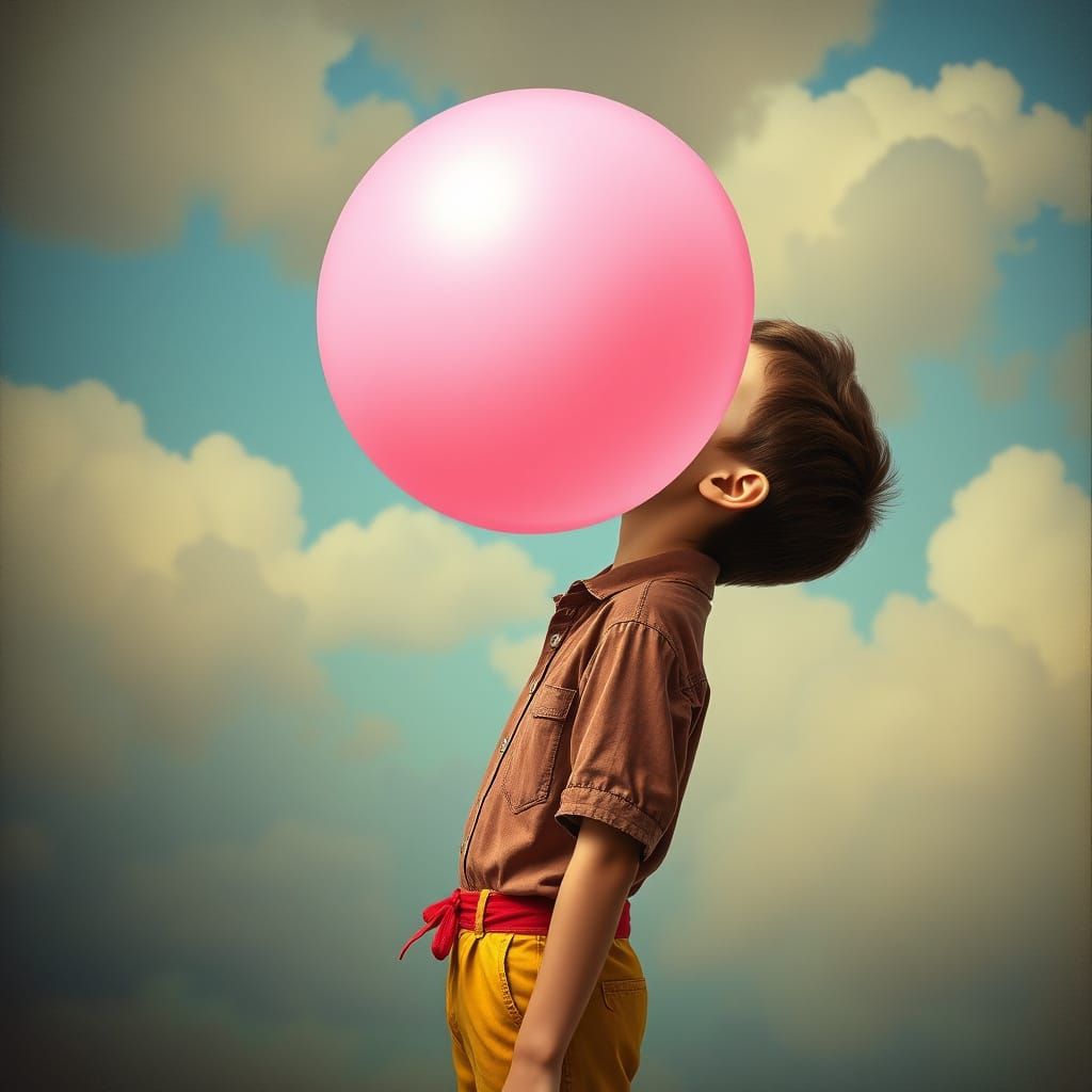 Whimsical Youth Blows Giant Pink Bubble Gum Bubble