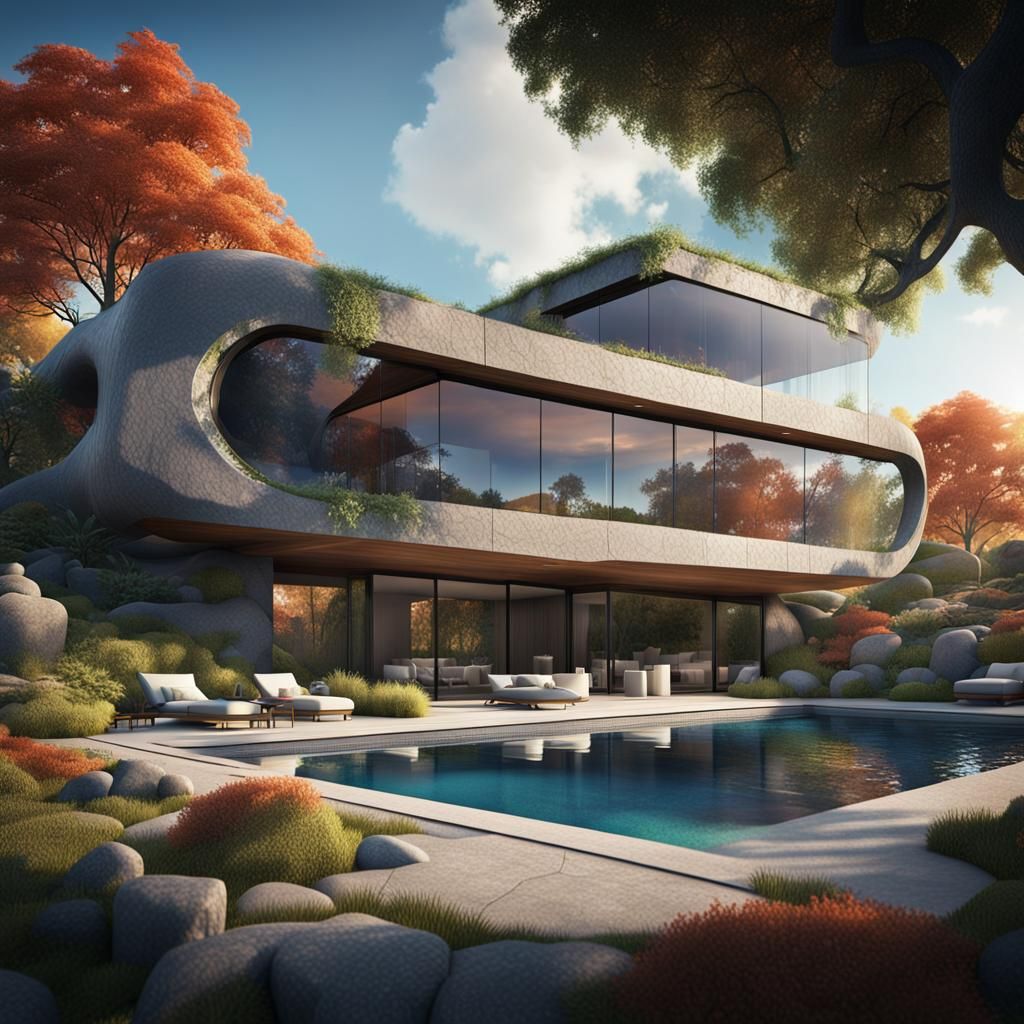 Futuristic House in Modern Garden: Digital Rendering