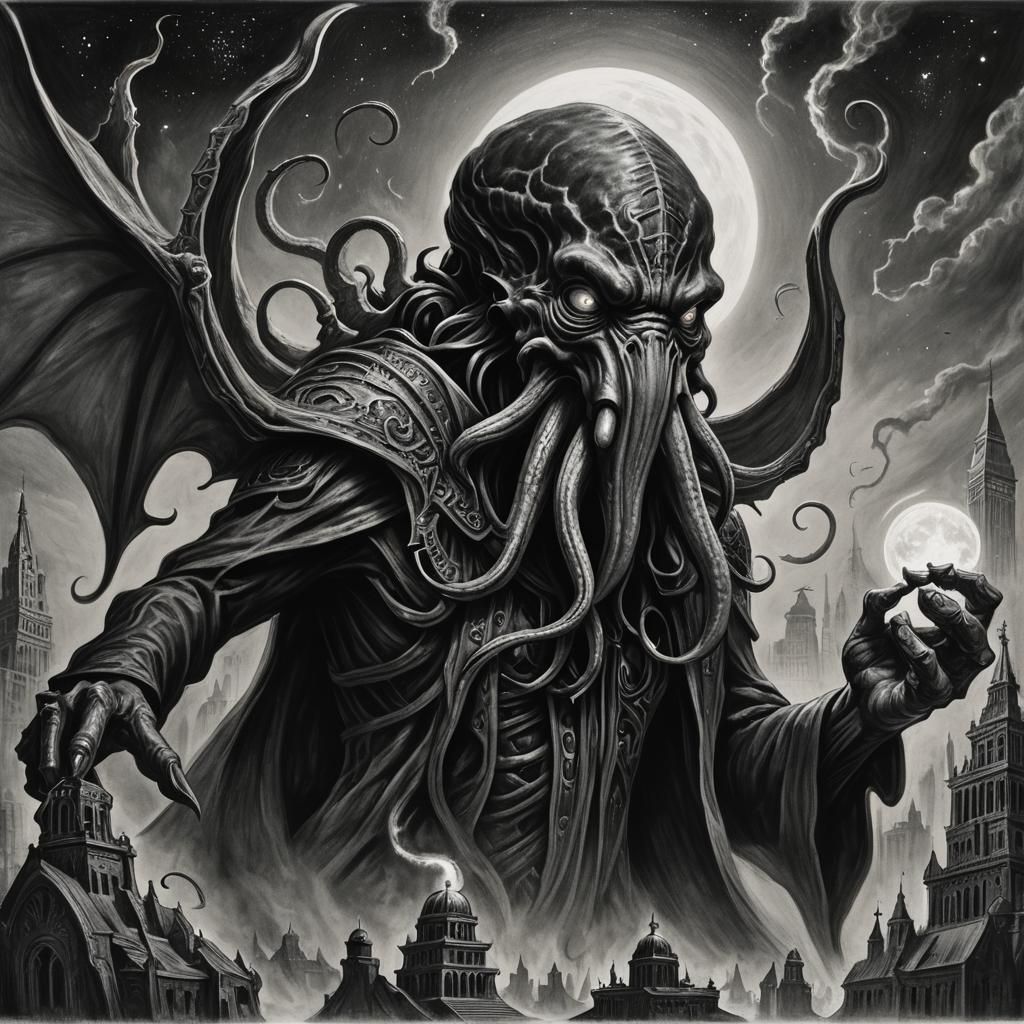 Cthulhu Summons Citizens: A Cosmic Charcoal Drawing
