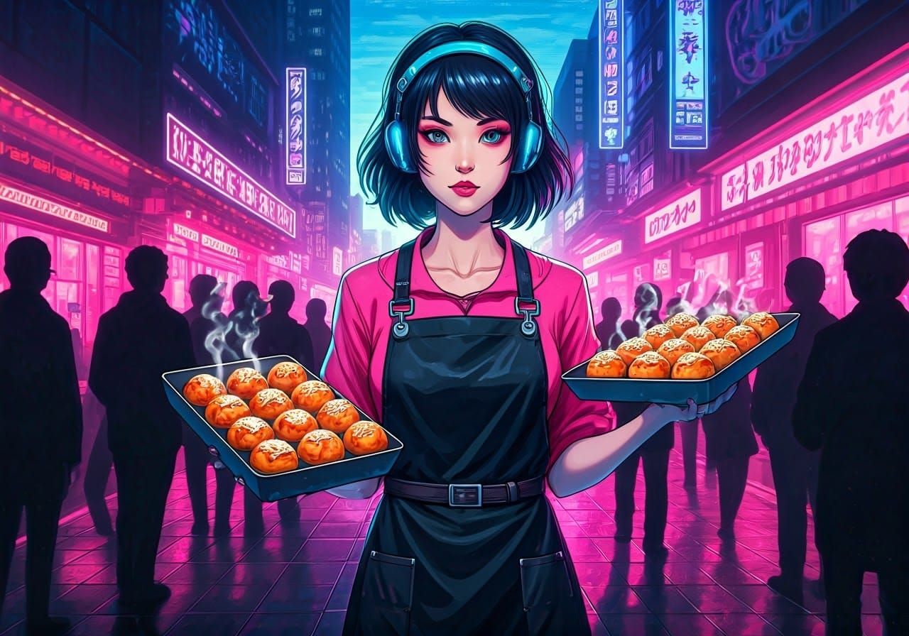 Futuristic Takoyaki Vendor in Bustling Metropolis