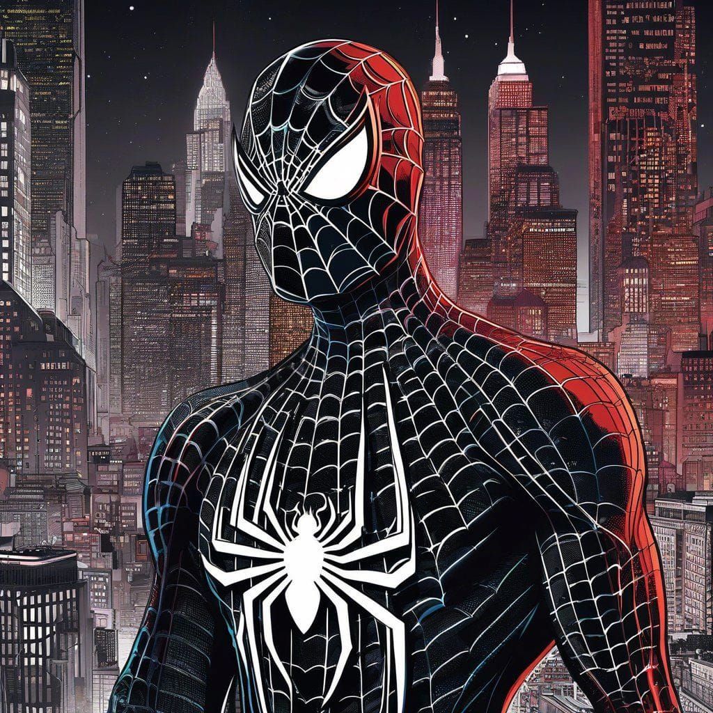 Spiderman at sunset in New York, macrolens_bokeh; depth_of_field; line_art; maximalism; intricately_detailed; breathtaki...