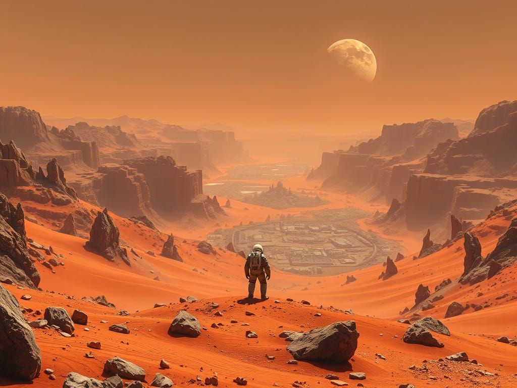 Astronaut Standing on Ancient Ruins-Filled Martian Valley in...
