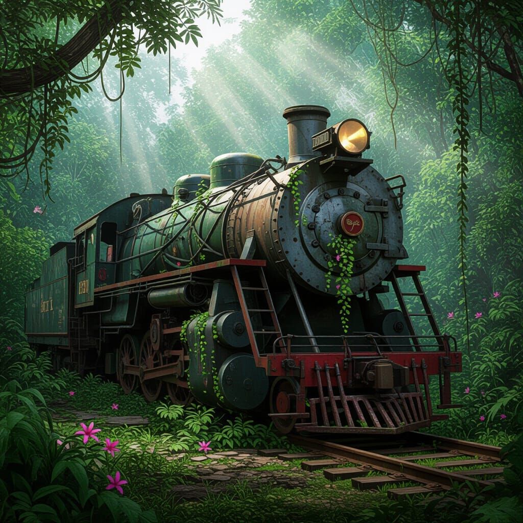 Rusted Locomotive Lost in Overgrown Jungle