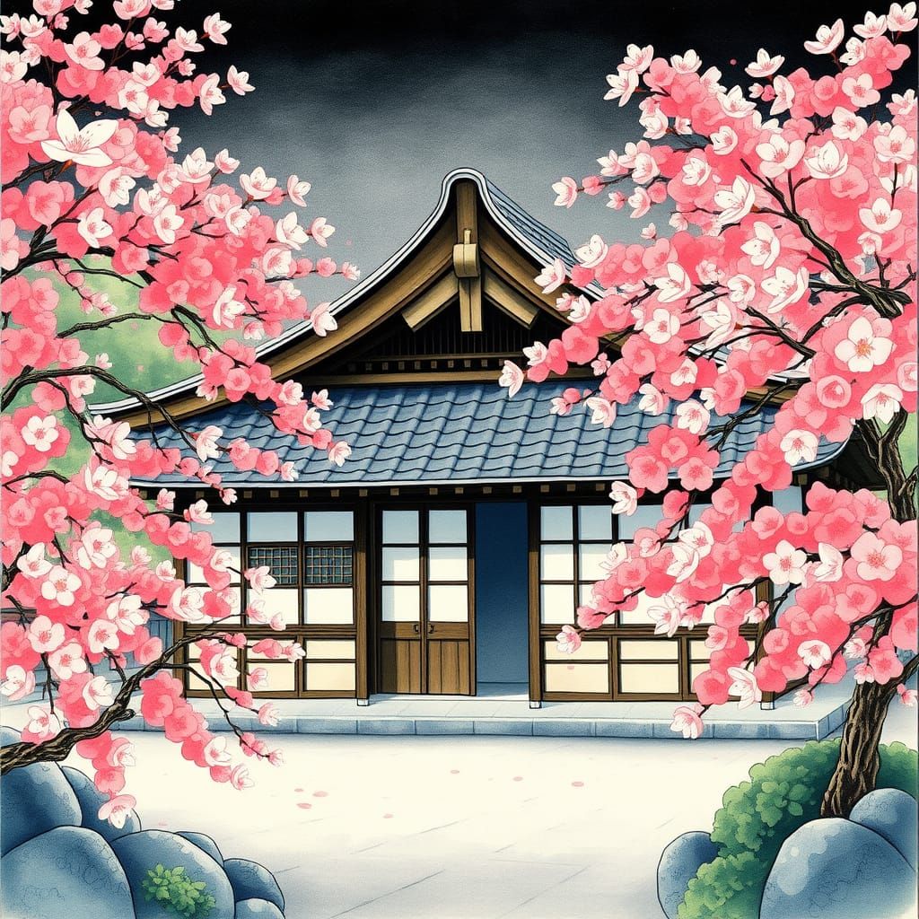 Traditional Japanese House in Cherry Blossom Garden