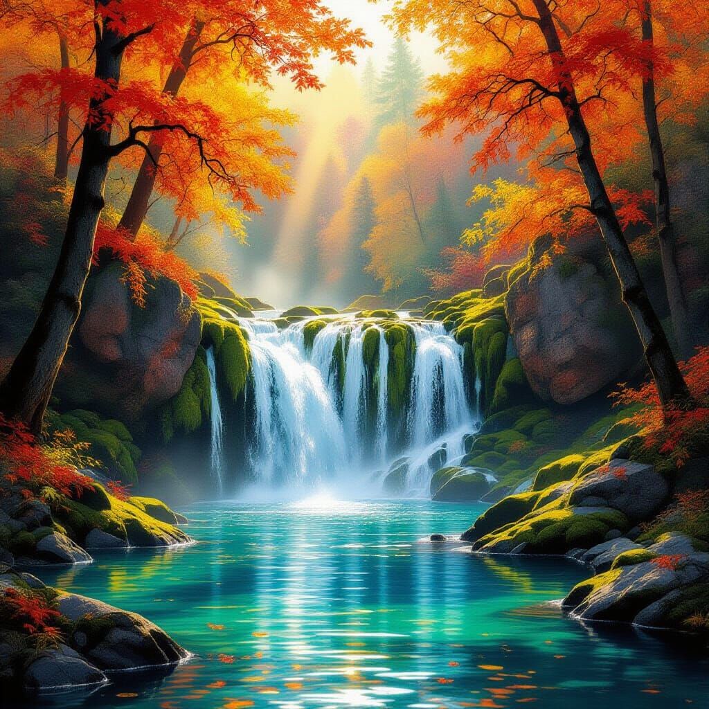 Majestic Autumn Waterfall in Golden Sunlight