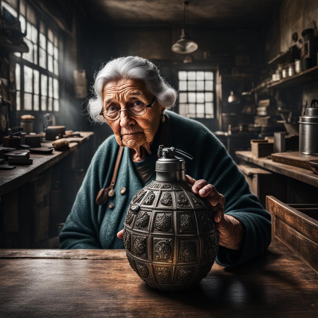 Hyperrealistic Grenade Grandma in Sharp Focus
