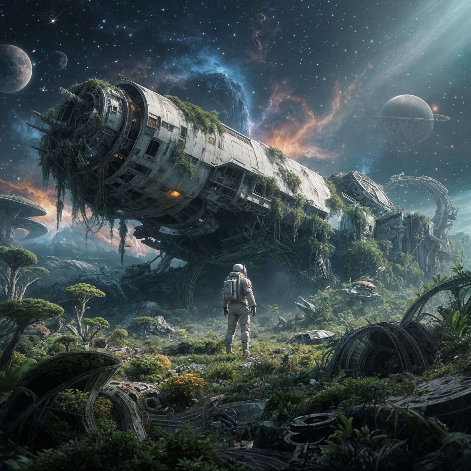 Astronaut Explores Overgrown Spaceship on Alien Planet