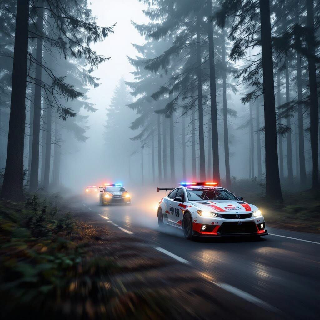High Speed Cop Chase Through Foggy Woods