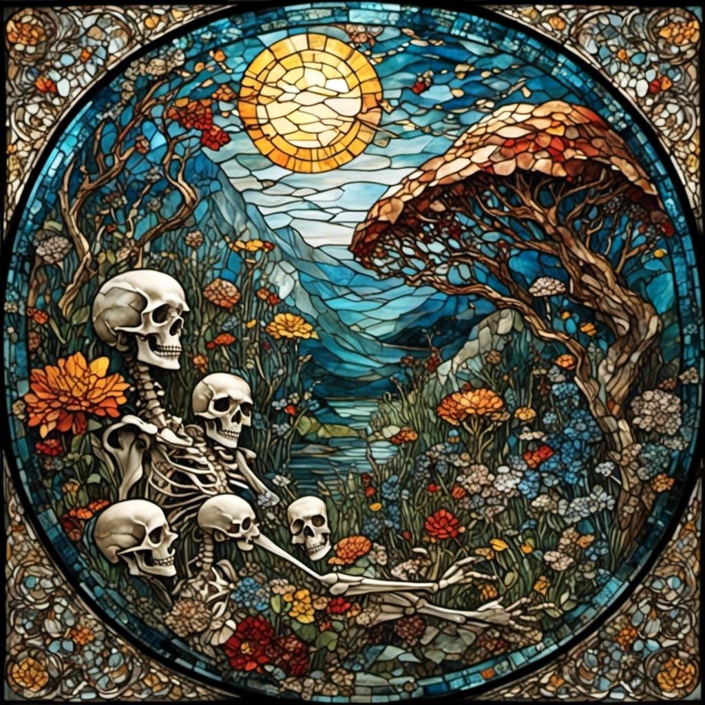 Quirky Necromancer Dances with Skeletons in Stained Glass