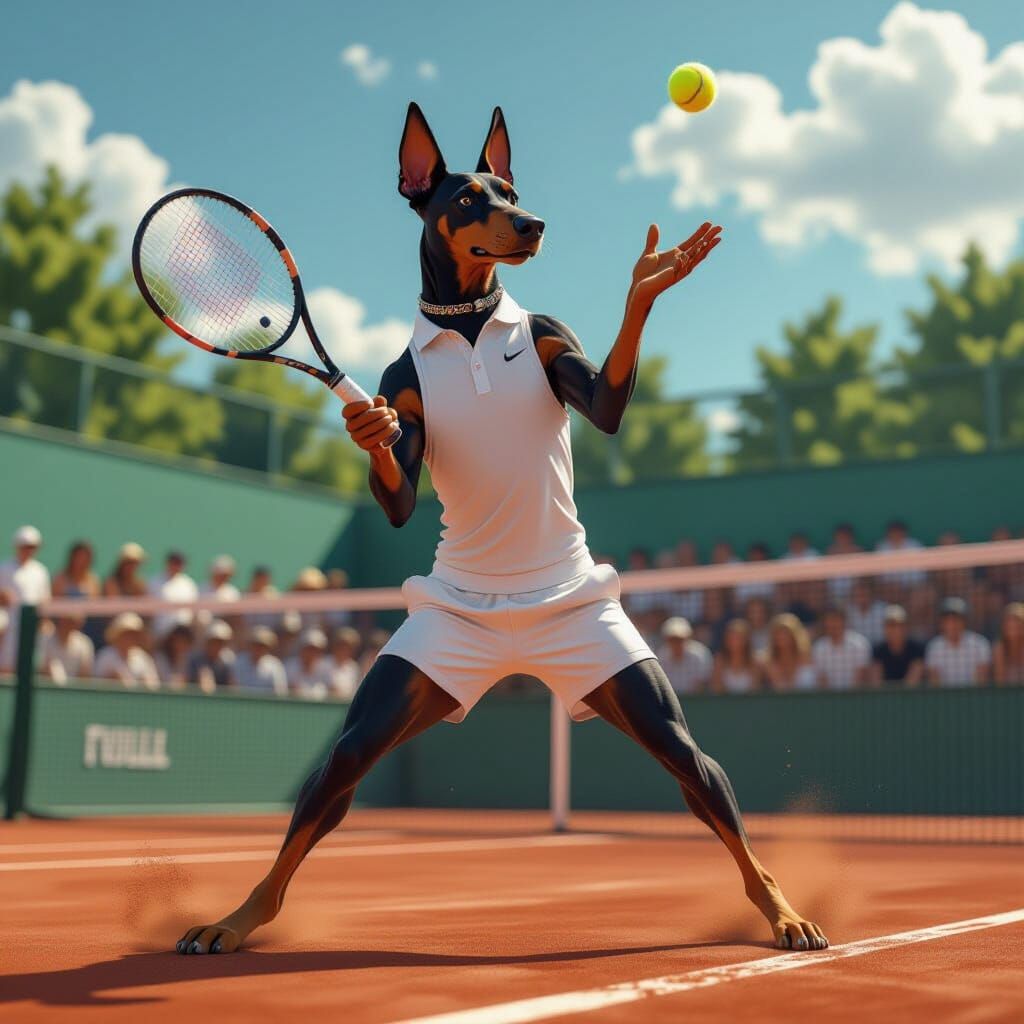 A prissy Doberman Pinscher wearing tennis whites serves a te...