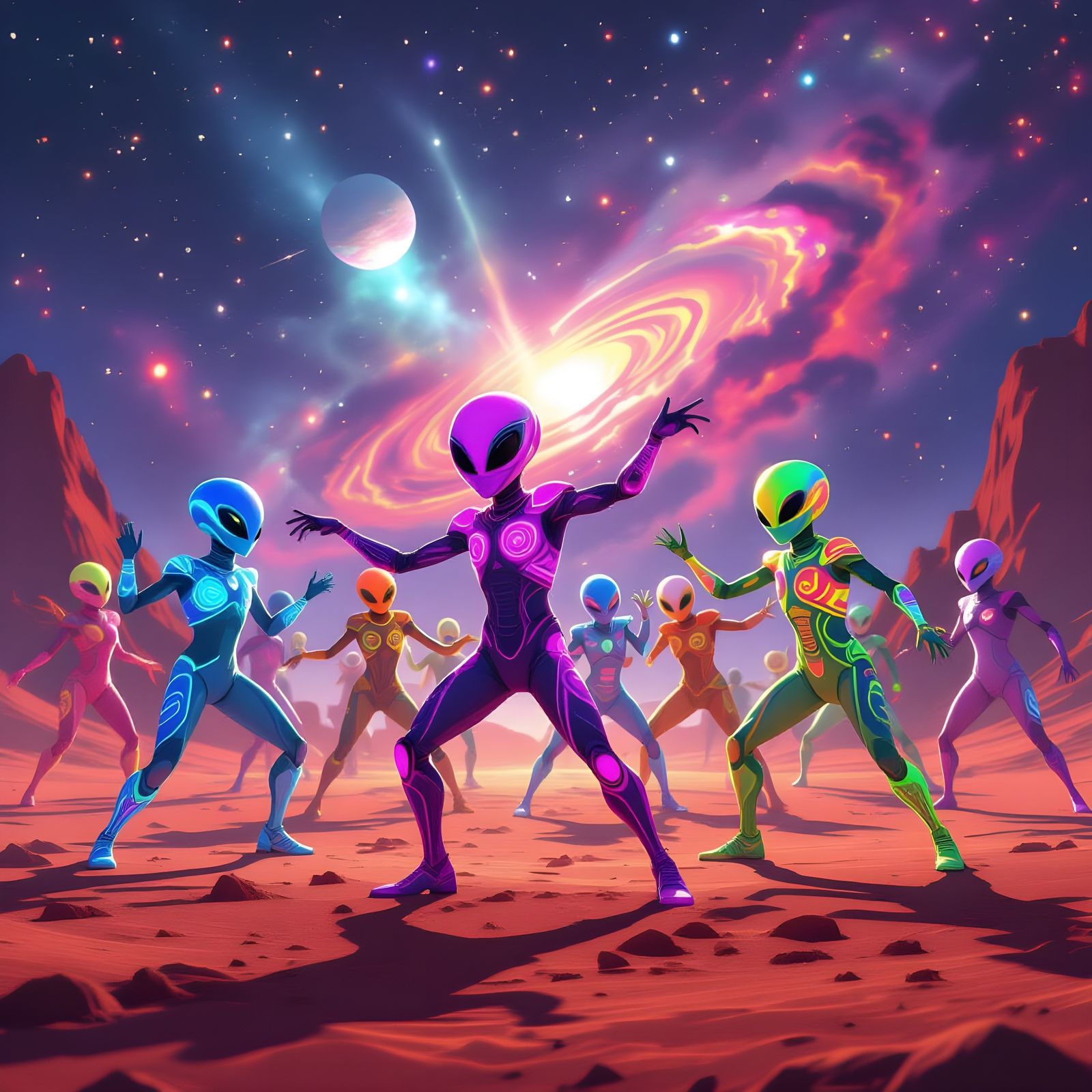 Alien Dance Battle on Mars with Cosmic Nebula