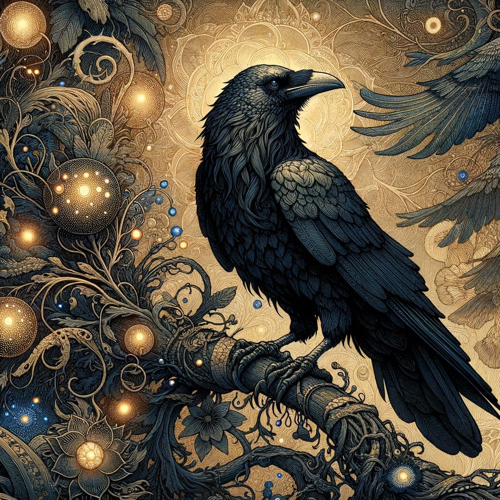 Bioluminescent Crow on Branch in Fantasy Illustration