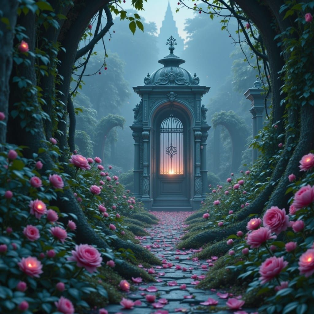 Overgrown Victorian Rose Garden at Twilight